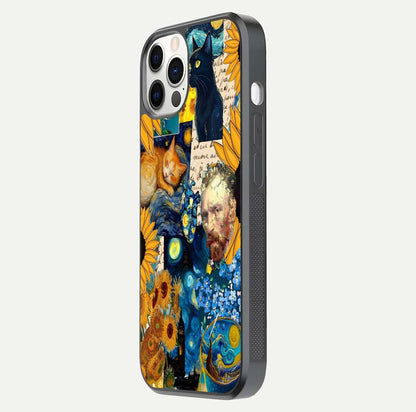 Sunflower Cat Art Glass Case for iPhone 12 Pro side-angle image showing shine, edges, and sunflower texture
