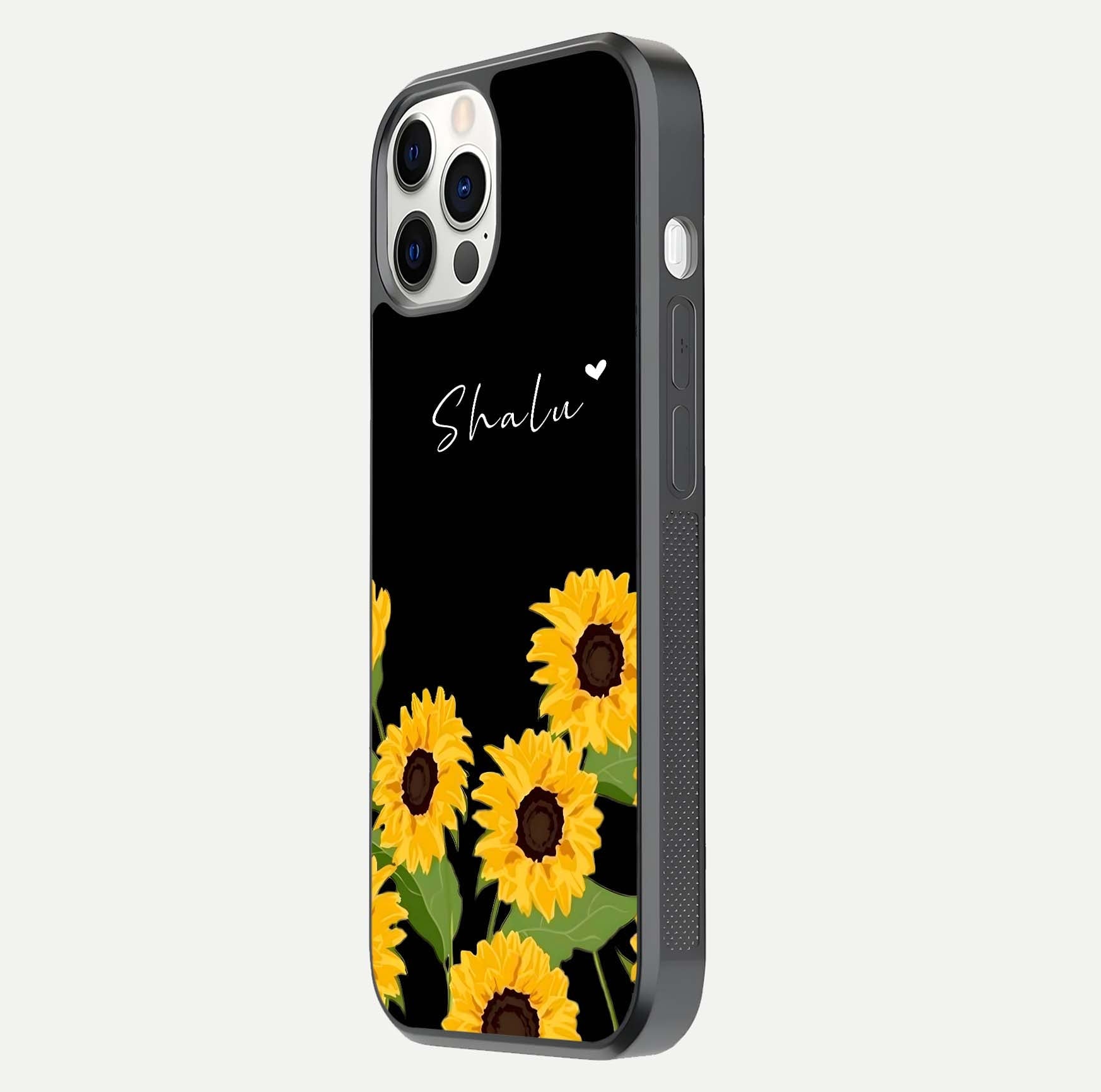 Sunflower Chic Mood Custom Name Glass Case for iPhone 16 Pro side-angle image showing reflection and yellow floral tone