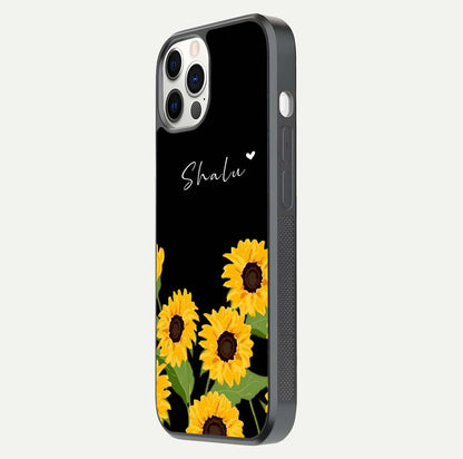 Sunflower Chic Mood Custom Name Glass Case for iPhone 16 Pro side-angle image showing reflection and yellow floral tone