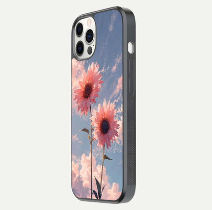 Sunlit Daisy Glow Glass Case for iPhone 12 Pro side-angle image showing shine, gloss, and floral highlight