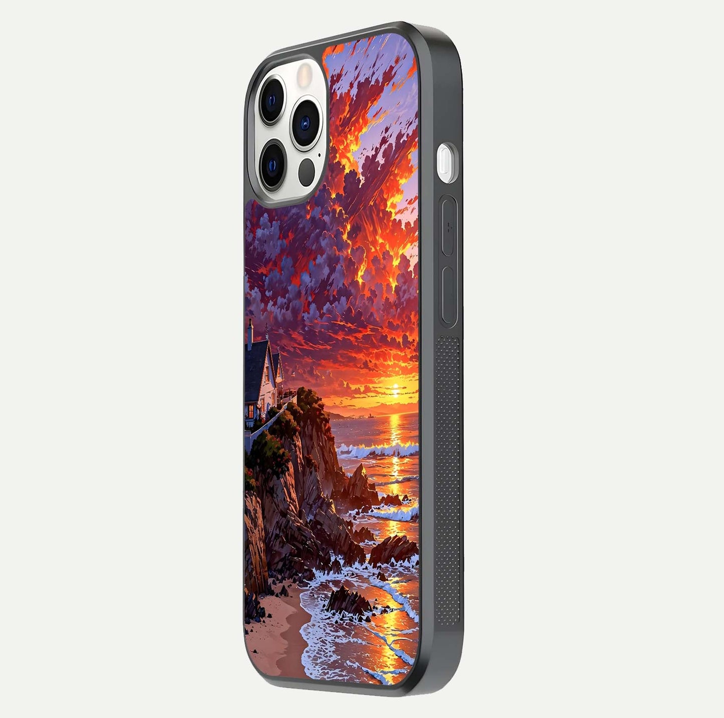 Sunset House by Sea Glass Case for iPhone 12 Pro side-angle image showing reflection and seaside color tone