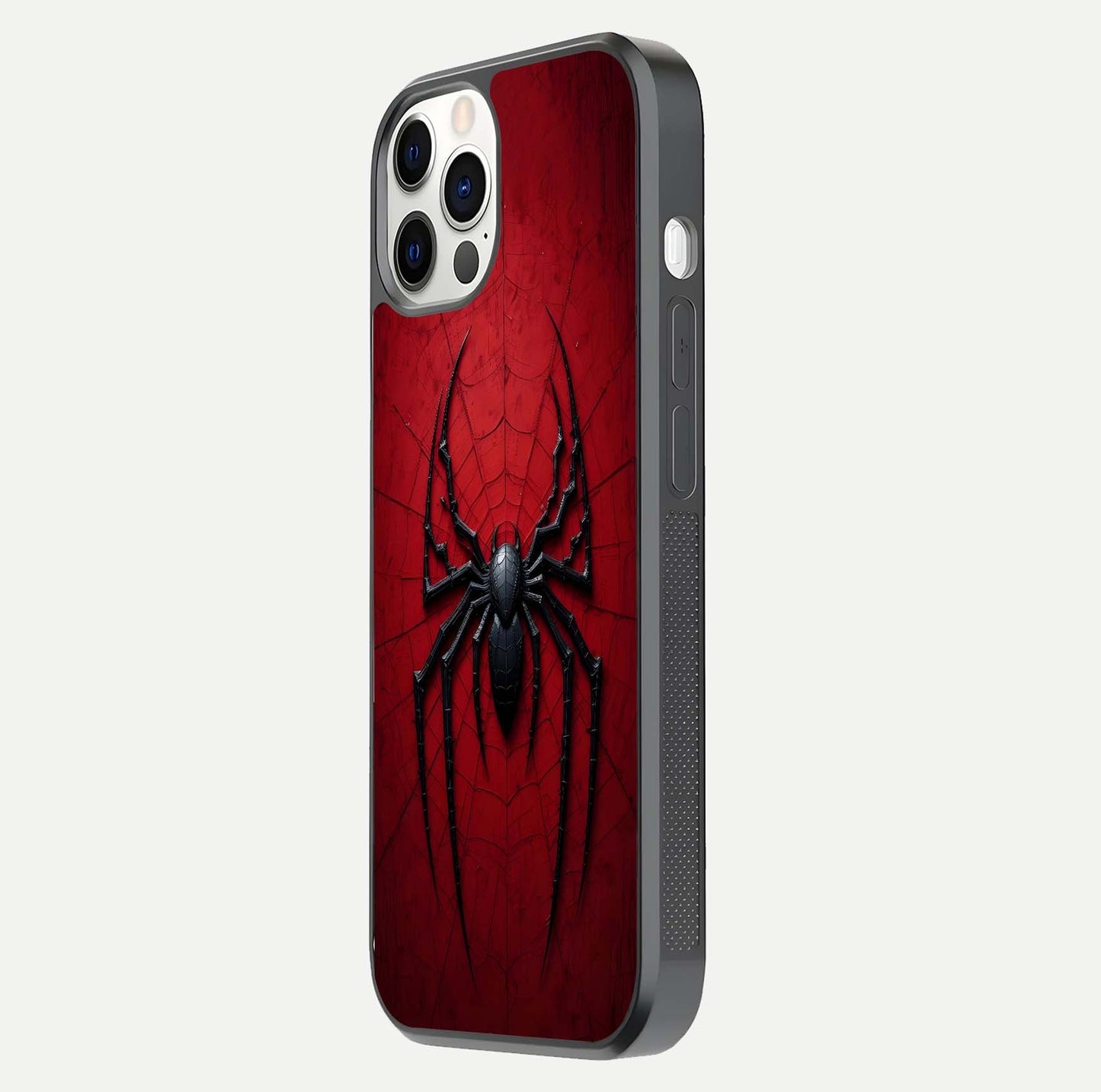 Venom Web Emblem Glass Case for iPhone 12 Pro side-angle image showing reflection and dark color tones