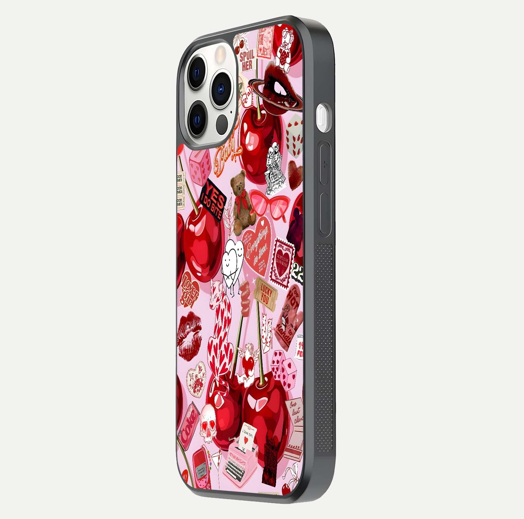 Sweet Cherry Chaos Glass Case for iPhone 12 Pro side-angle image showing shine, gloss, and cherry details