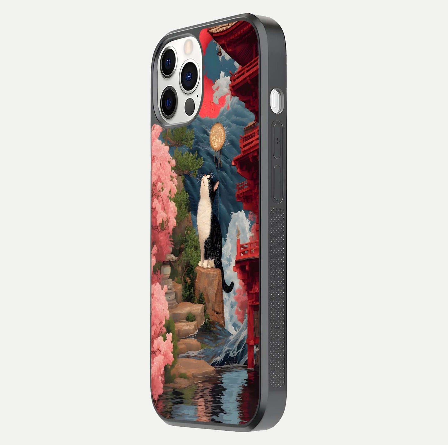 Temple Cat Scenery Glass Case for iPhone 12 Pro side-angle image showing shine and printed temple pattern