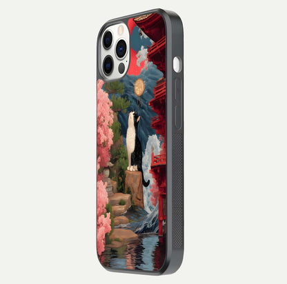 Temple Cat Scenery Glass Case for iPhone 12 Pro side-angle image showing shine and printed temple pattern