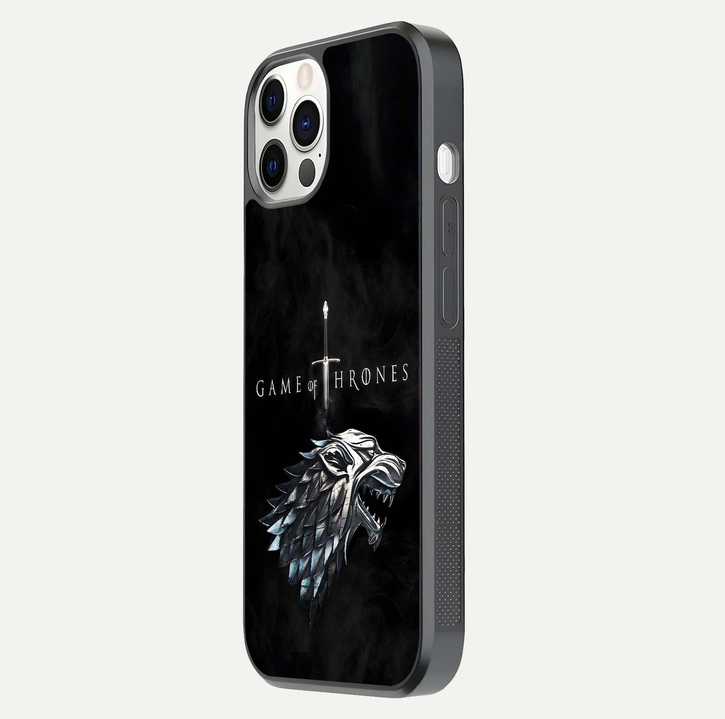 Throne Wolf Legacy Glass Case for iPhone 12 Pro side-angle image showing gloss, texture, and HD print