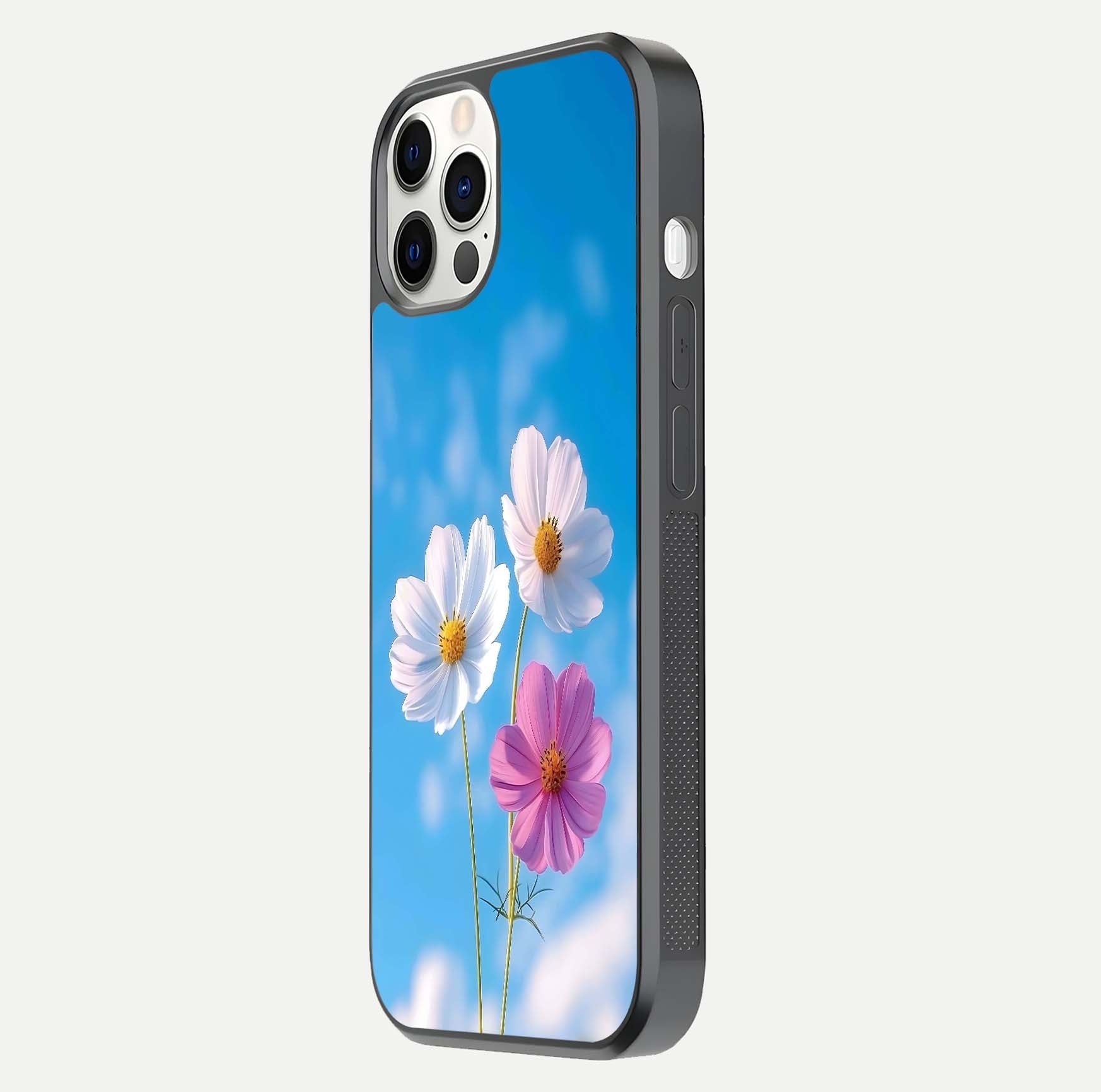 Triple Flowers With Sky Glass Case for iPhone 12 Pro side-angle image showing gloss, texture, and floral design