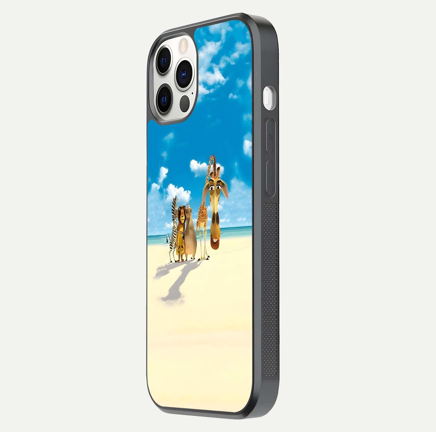 Tropical Fun Squad Glass Case for iPhone 12 Pro side-angle image showing shine, color depth, and surface gloss