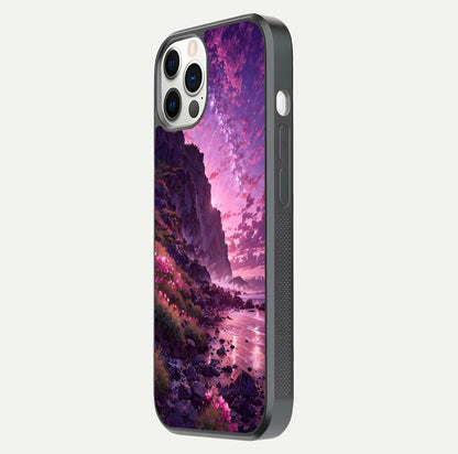 Twilight Blossom Coast Glass Case for iPhone 12 Pro side-angle image showing shine, reflection, and petal tone