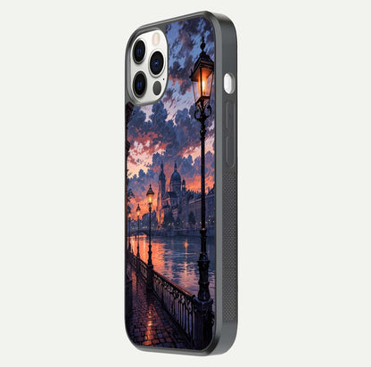 Twilight River Lights Glass Case for iPhone 12 Pro side-angle image showing reflections, lighting, and gradient tones