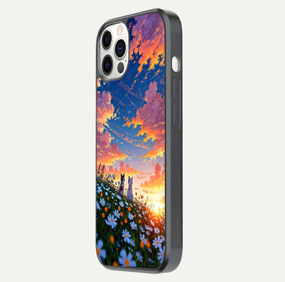 Two Cats Friends Glass Case for iPhone 12 Pro side-angle image showing reflection, gloss, and color depth