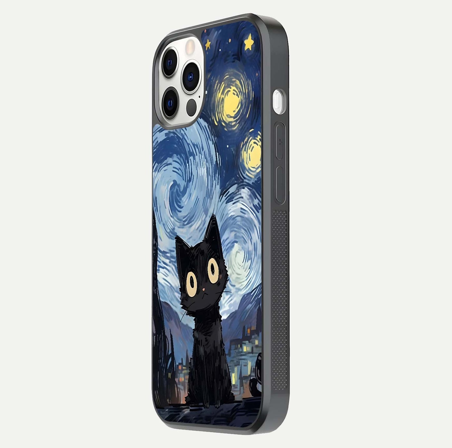 Van Gogh Cat Glass Case for iPhone 12 Pro side-angle image showing light reflection and vivid artwork