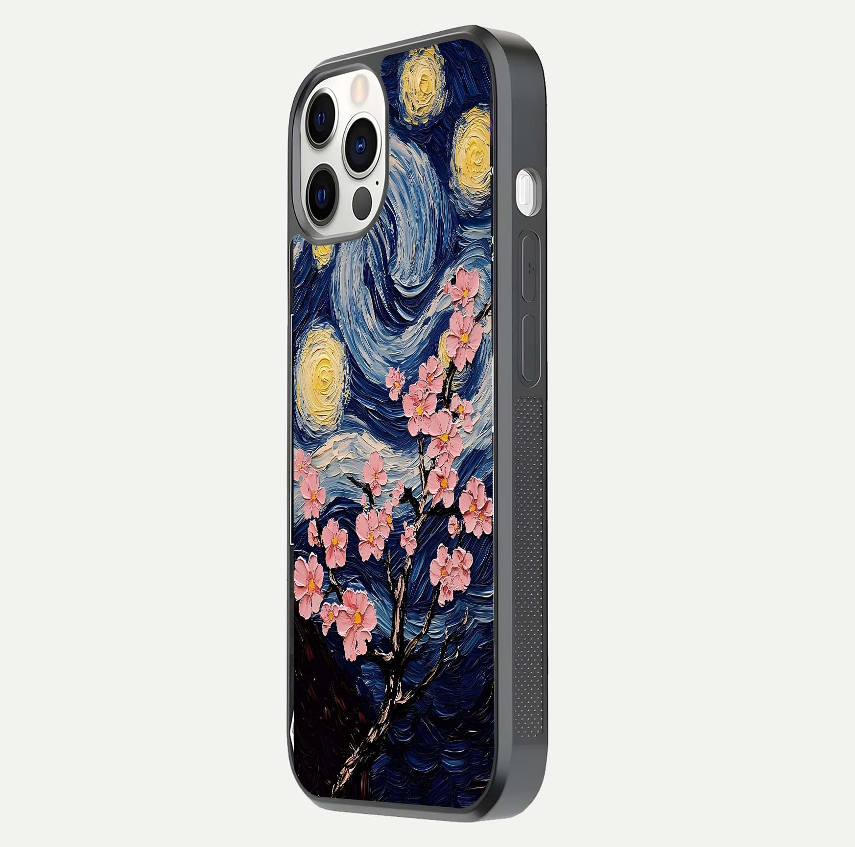 Van Gogh Scenery Glass Case for iPhone 12 Pro side-angle image showing shine, gloss, and scenic color palette
