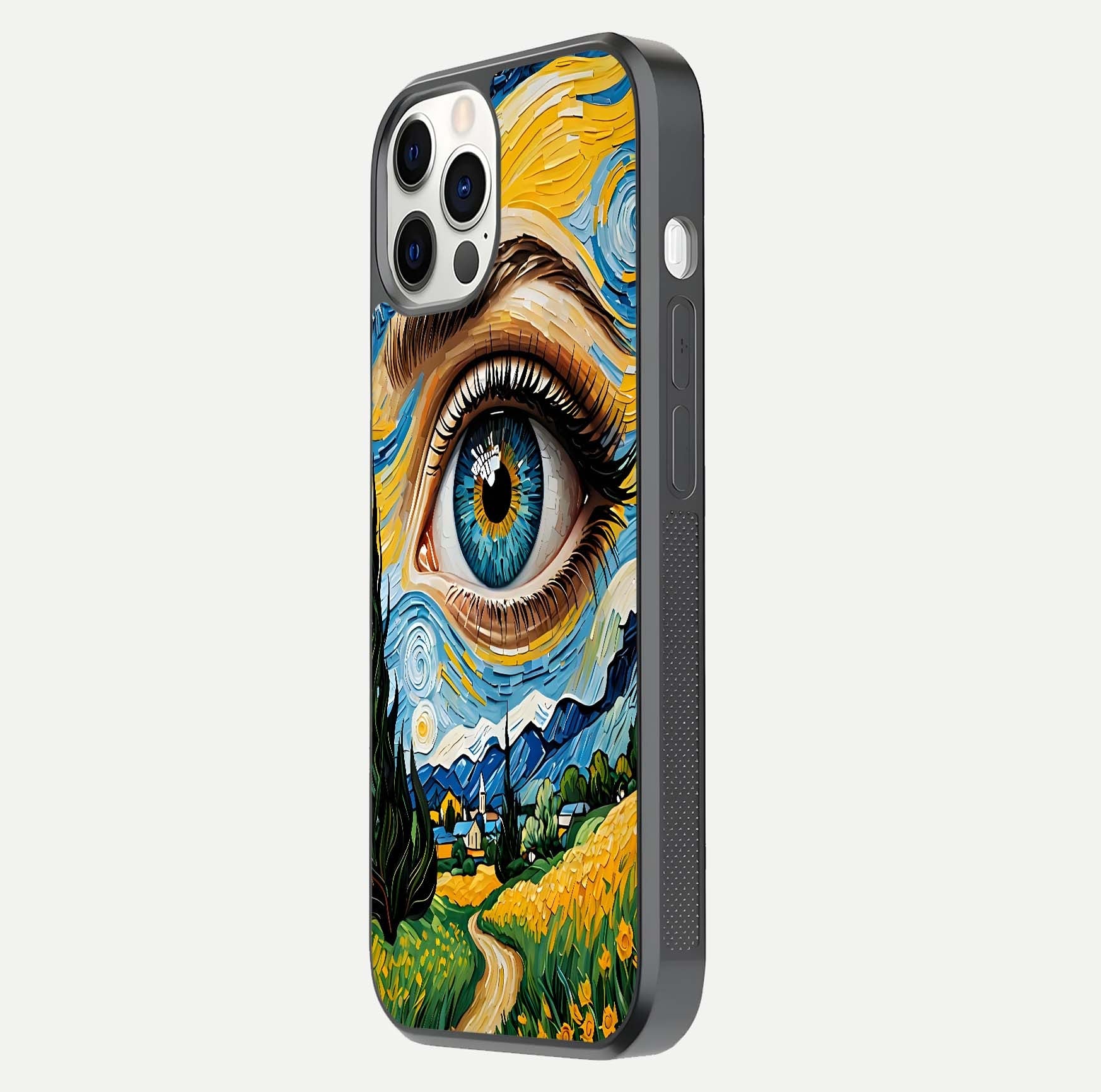 Van Gogh Eye Glass Case for iPhone 16 Pro side-angle image showing reflection, gloss, and artistic contrast