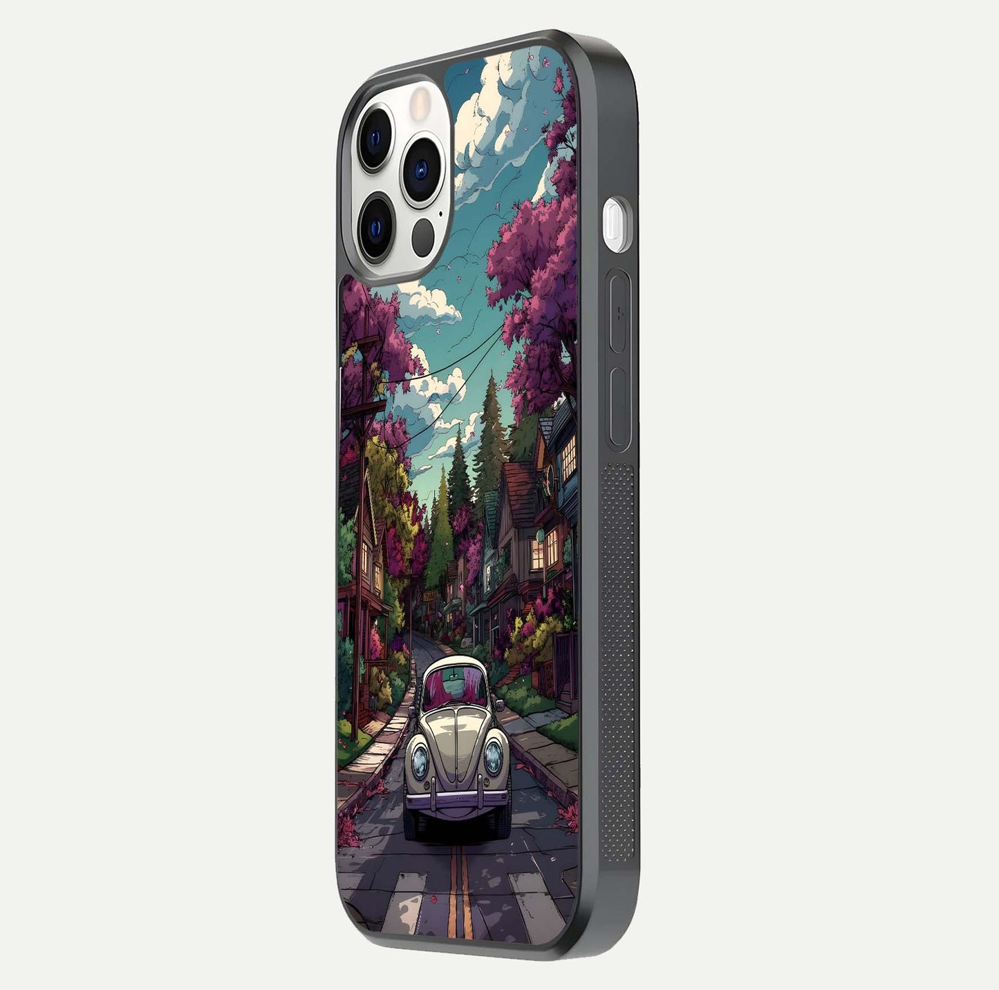 Vintage Street Drive Glass Case for iPhone 12 Pro side-angle image showing gloss reflection and design detail