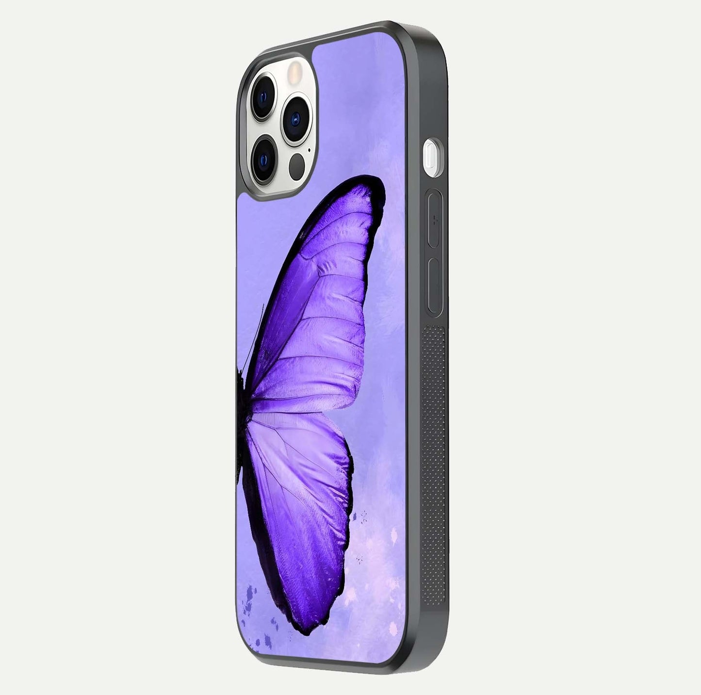 Violet Dream Wing Glass Case for iPhone 12 Pro side-angle image showing gloss, shine, and violet gradient