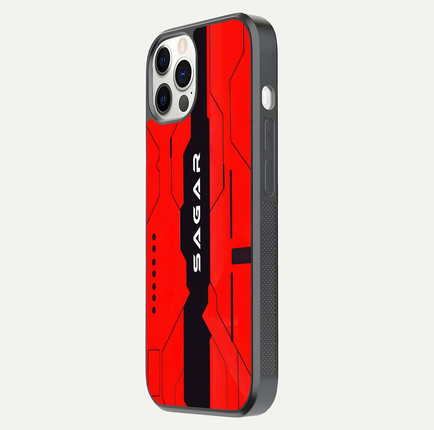 Voltage Rise CYBERPUNK Custom Name Glass Case for iPhone 12 Pro side-angle image showing gloss and cyberpunk detail