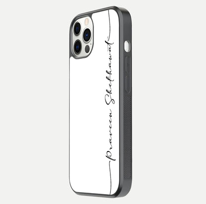 White Tune Custom Name Glass Case for iPhone 12 Mini side-angle image showing shine, gloss, and minimal tone