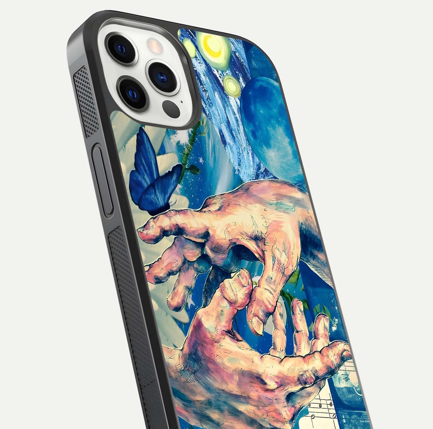 Aesthetic Divider Glass Case for iPhone 12 Mini close-up angled shot showing detailed divider artwork and gloss reflection