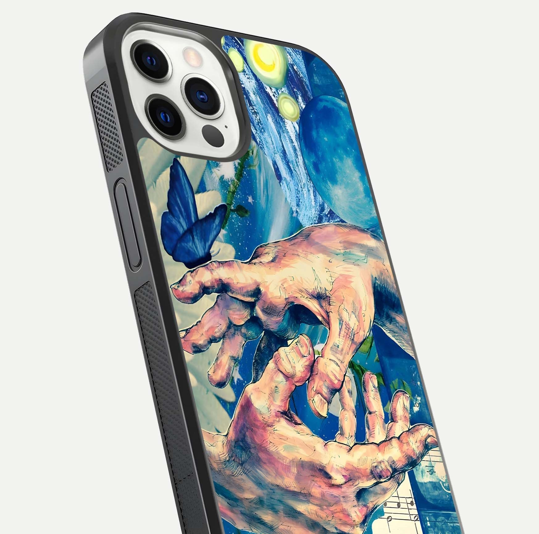 Aesthetic Divider Glass Case for iPhone 12 Mini close-up angled shot showing detailed divider artwork and gloss reflection