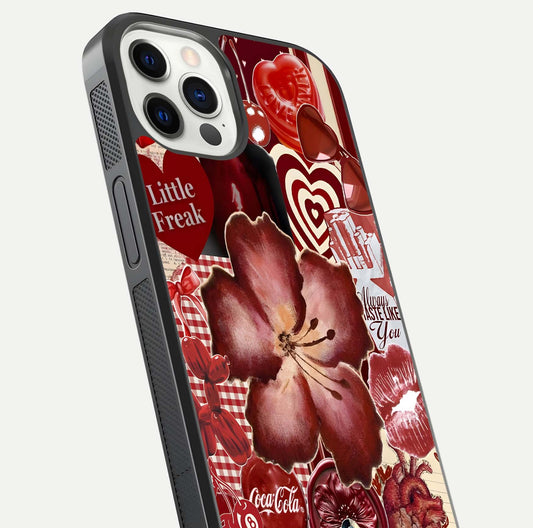 Aesthetic Little Freak Glass Case for iPhone 12 Pro close-up angled shot showing detailed artwork, bold design, and gloss reflection