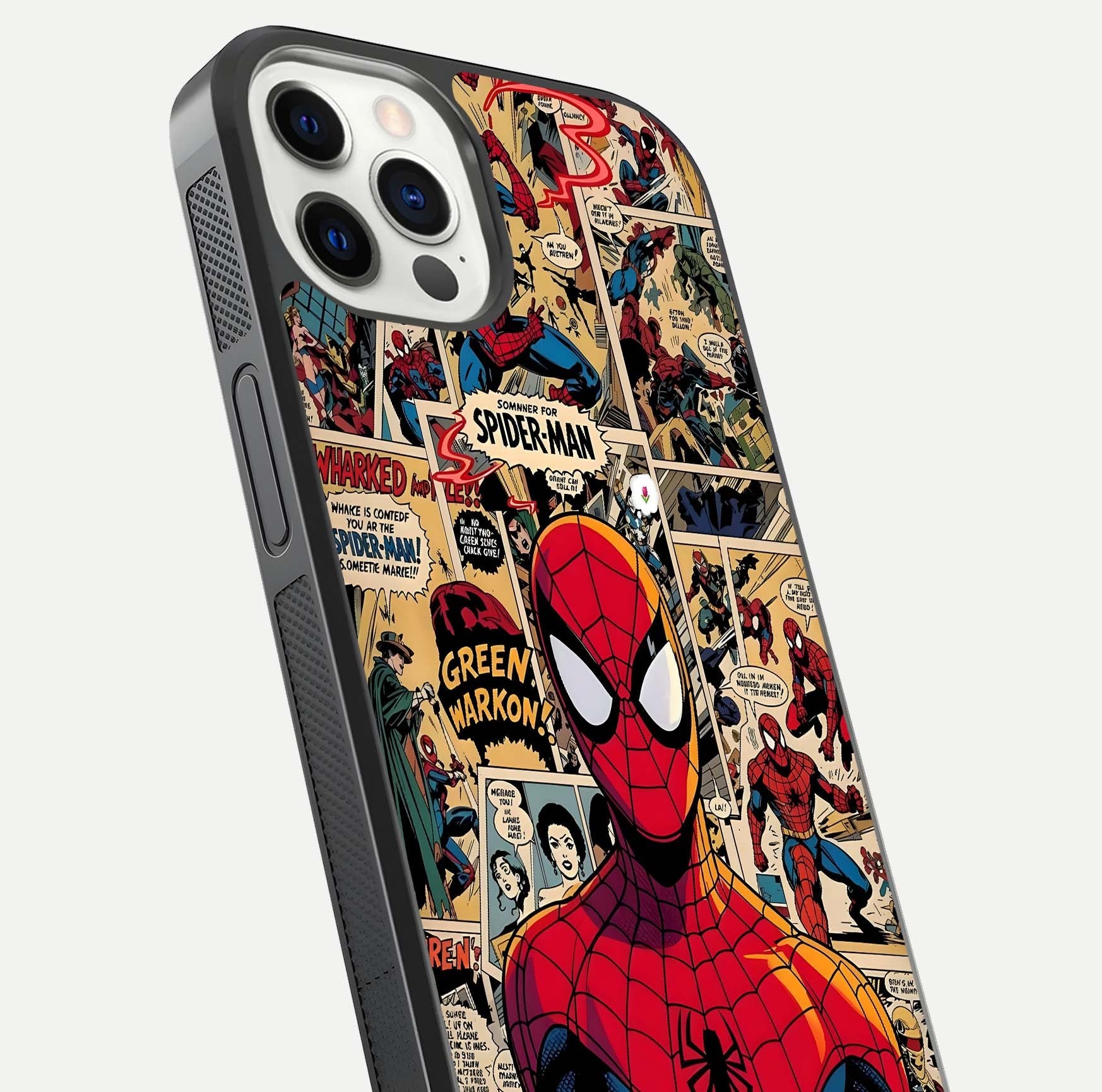 Aesthetic Spider Man Glass Case for iPhone 16 Pro close-up angled shot showing detailed Spider-Man artwork and gloss reflection