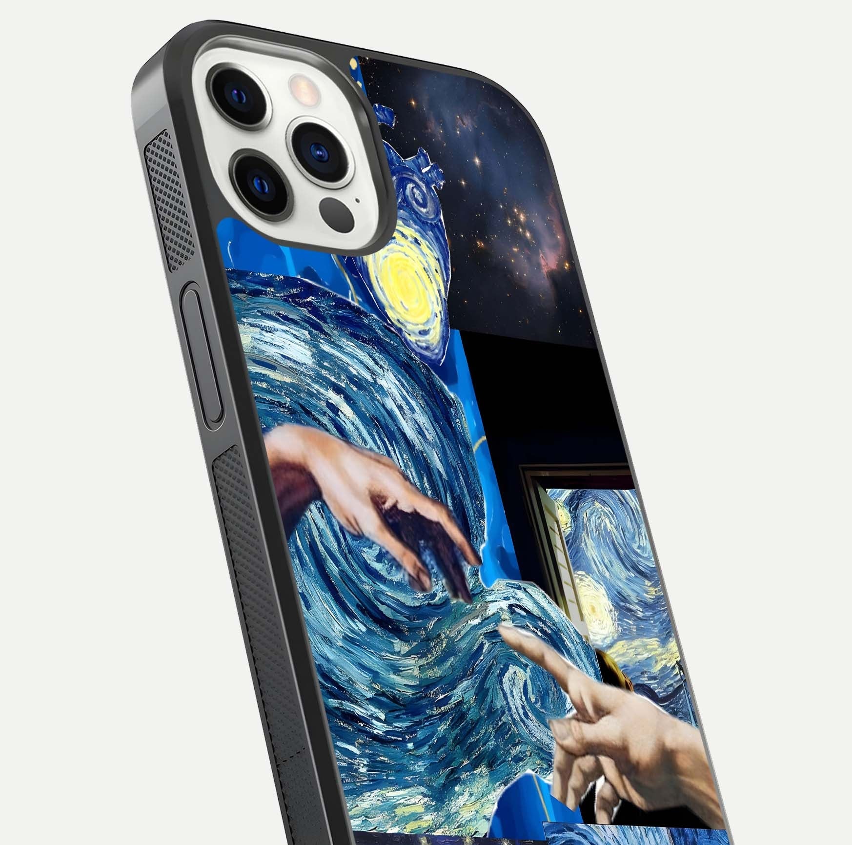 Aesthetic Vando Hands Glass Case for iPhone 16 Pro close-up angle showing fine detailing of hand artwork and glass reflection