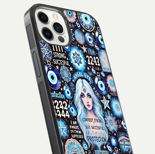 Angel Aura Shield Glass Case for iPhone 12 Pro close-up view capturing aura glow, metallic tones, and shine texture