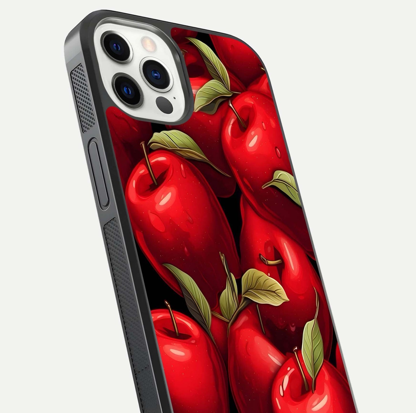 Apple Pattern Glass Case for iPhone 12 Mini close-up angle showing pattern texture and shine reflection