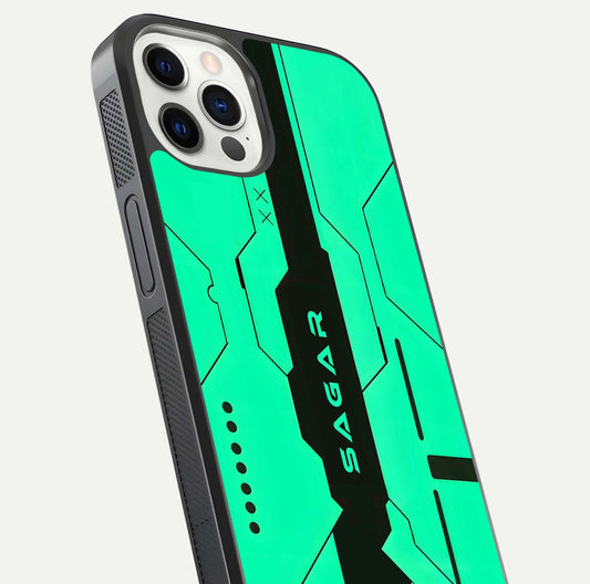 Aqua Tech CYBERPUNK Custom Name Glass Case for iPhone 12 Pro close-up angle showing futuristic blue lights and reflections