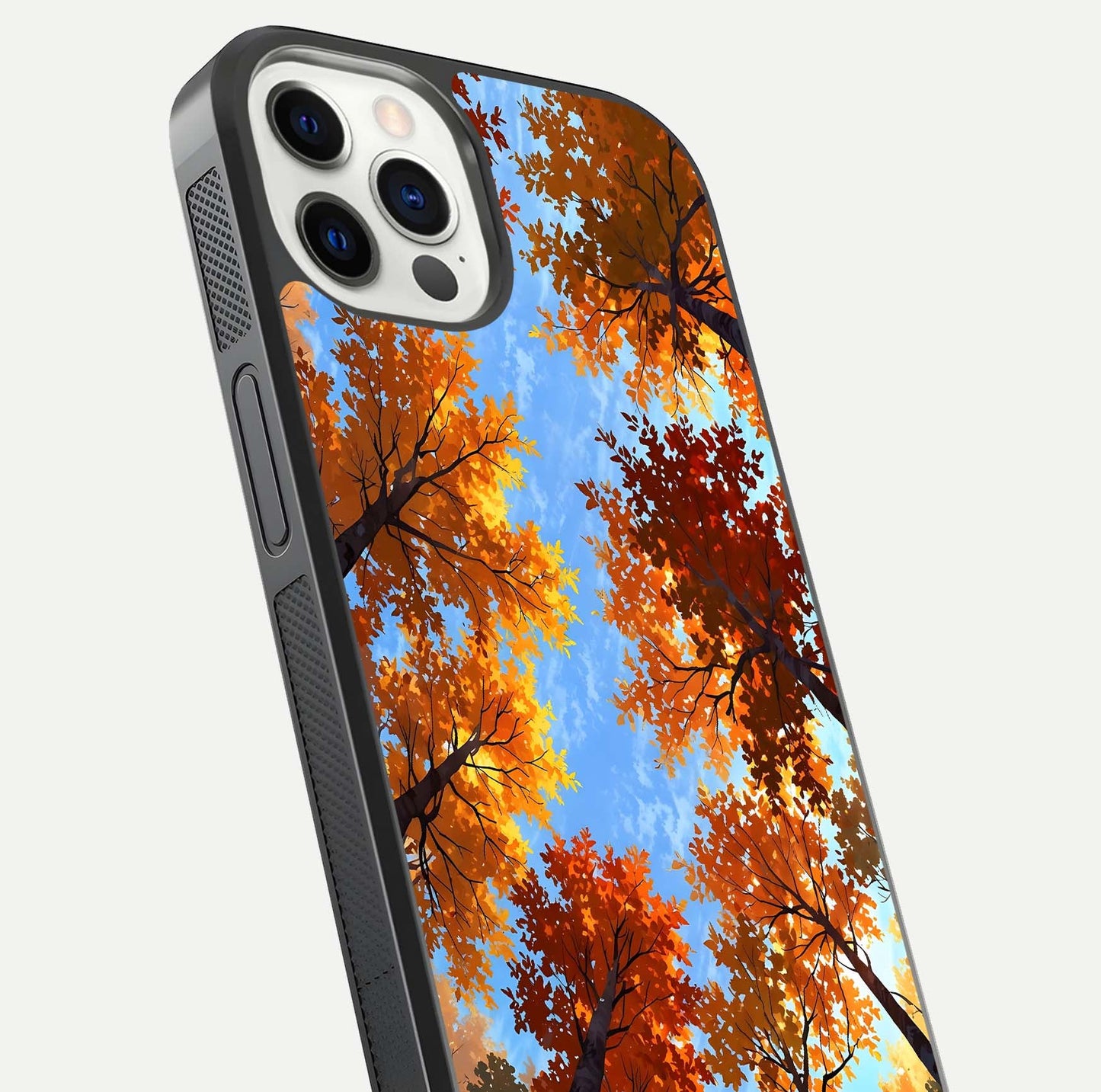 Autumn Sky Rise Glass Case for iPhone 16 Pro close-up shot of autumn tone details and HD shine reflection