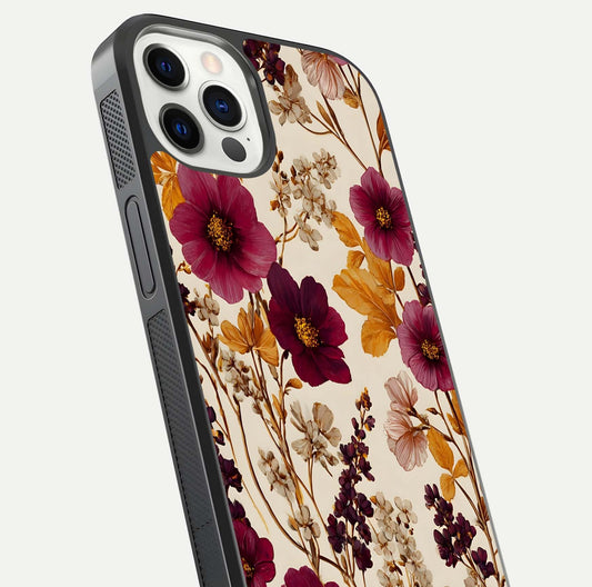 Autumn Wine Bloom Glass Case for iPhone 12 Pro close-up highlighting petal detail and gloss reflection