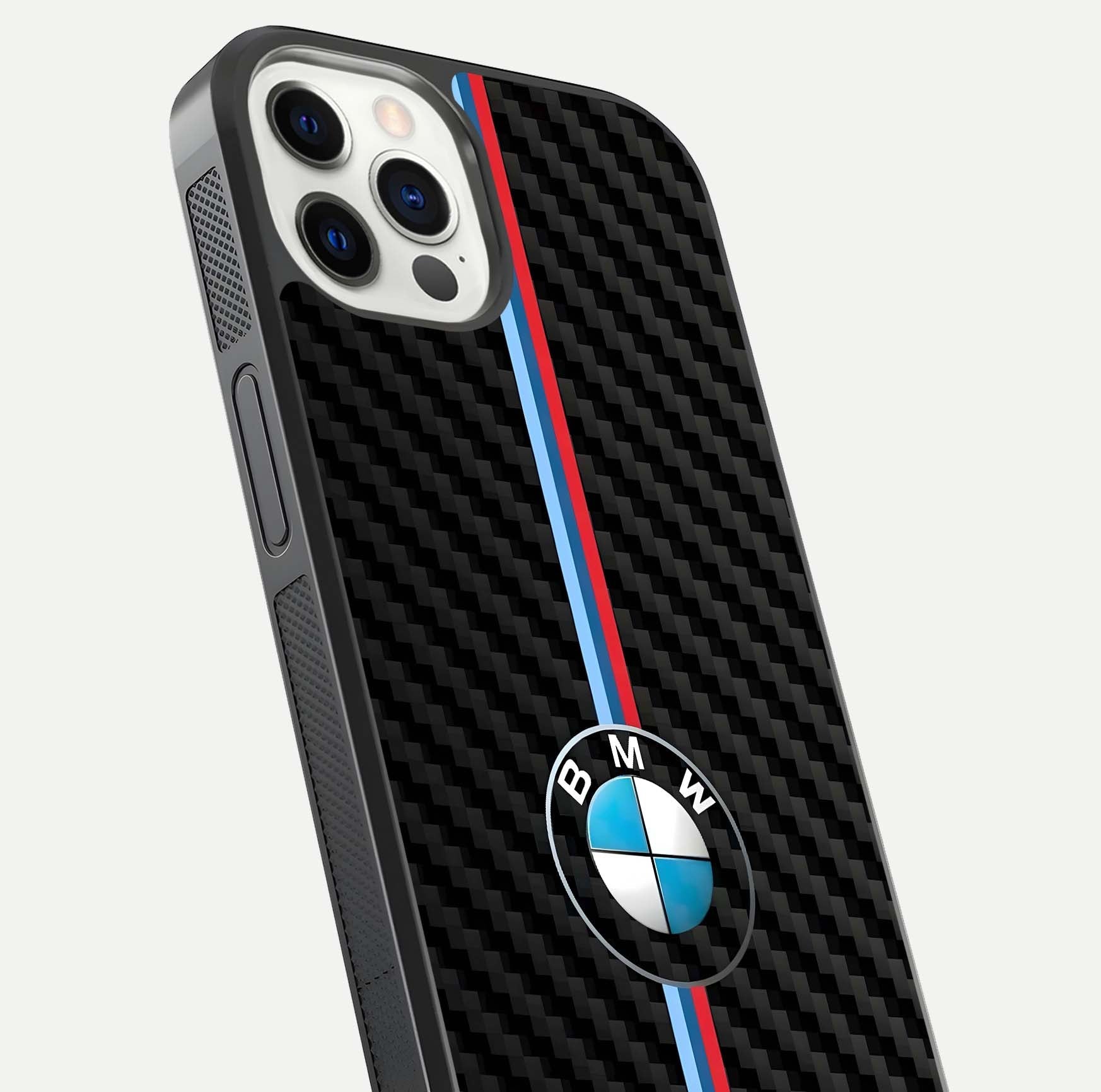 BMW Pattern Glass Case for iPhone 12 Pro close-up angle showing BMW logo detailing and high-reflect gloss texture
