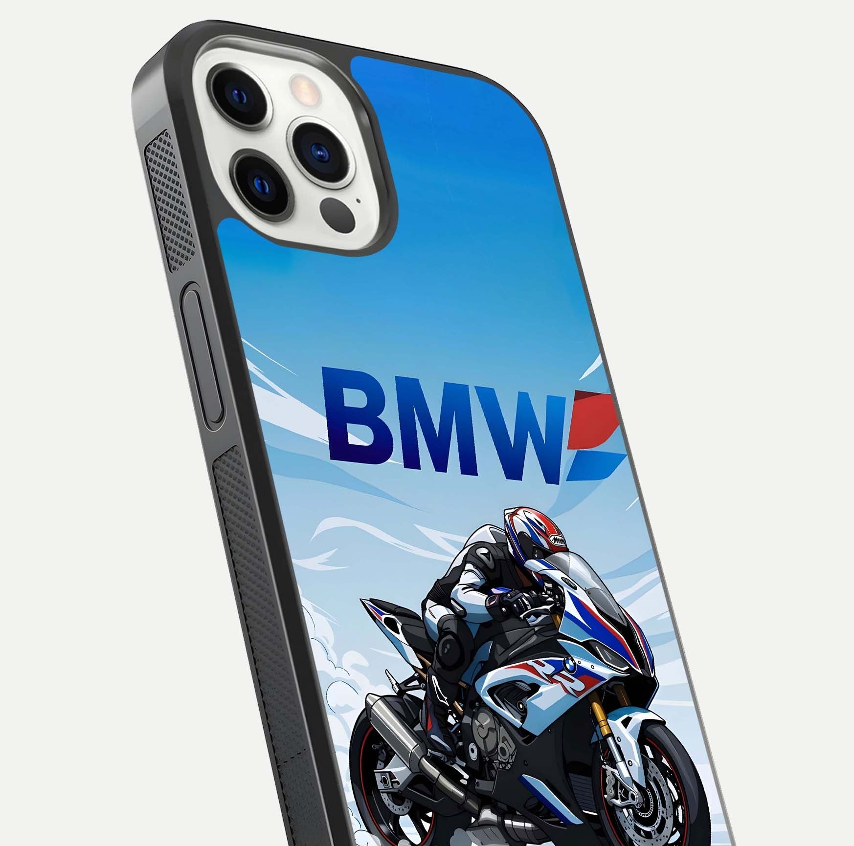 BMW Power Drift Glass Case for iPhone 12 Pro close-up view highlighting motion streaks and gloss shine