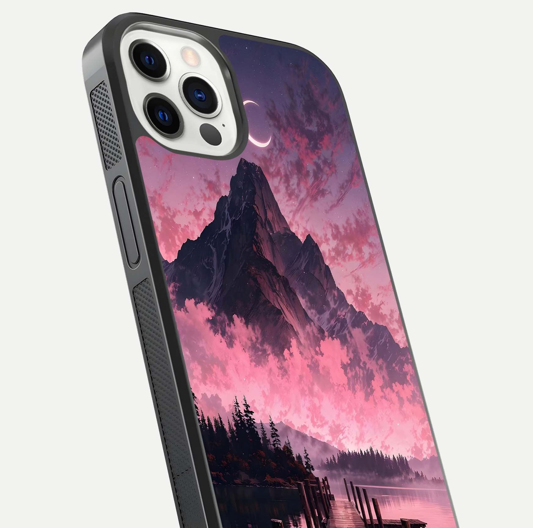 Beautyful Mountain View Glass Case for iPhone 12 Pro close-up angle highlighting landscape details and shine
