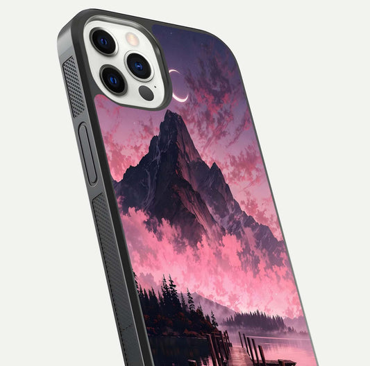 Beautyful Mountain View Glass Case for iPhone 12 Pro close-up angle highlighting landscape details and shine