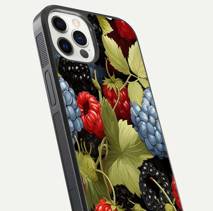 Berry Bloom Charm Glass Case for iPhone 12 Pro close-up view highlighting berry color tones and fine petal detailing