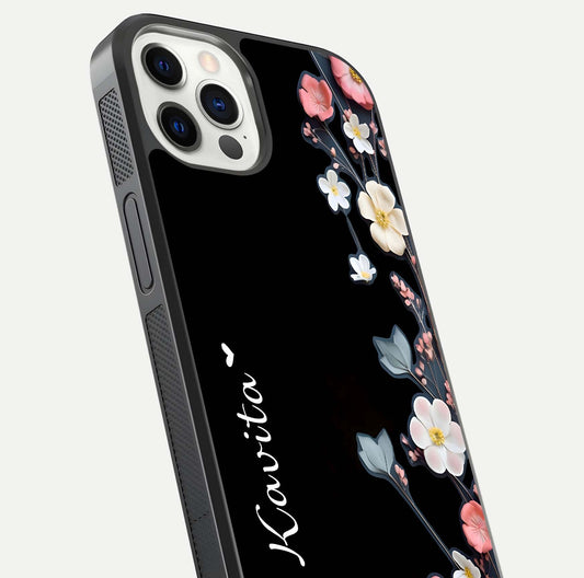 Black Elegance Floral Custom Name Glass Case for iPhone 12 Pro close-up shot showing rose detailing and elegant reflection