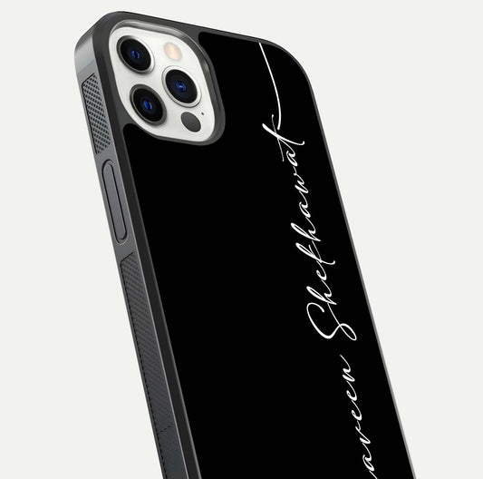 Black Tune Custom Name Glass Case for iPhone 12 Mini close-up shot highlighting sleek monochrome design and reflection