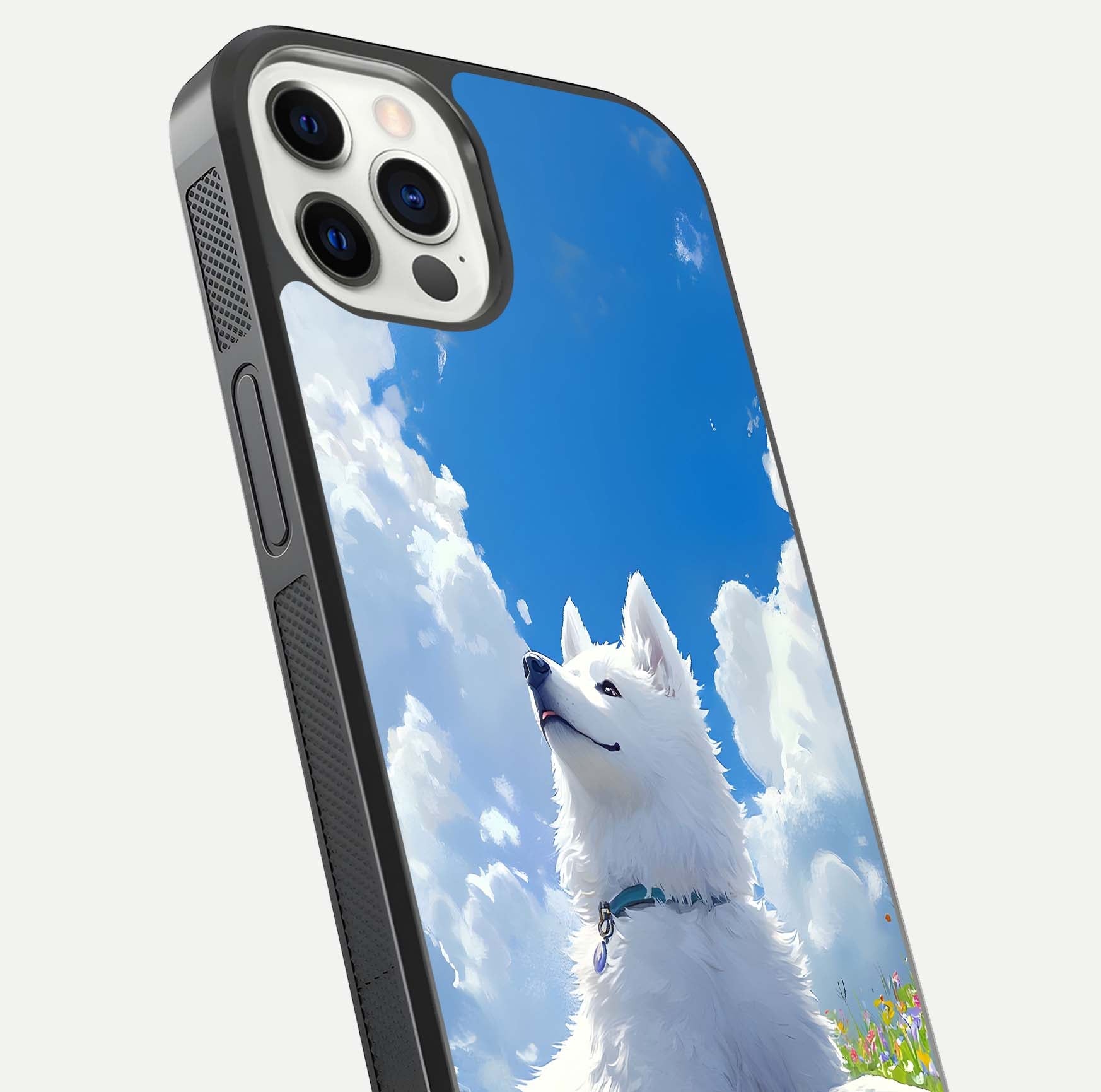 Blissful Cloud Pup Glass Case for iPhone 16 Pro close-up image highlighting puppy details and glossy reflection