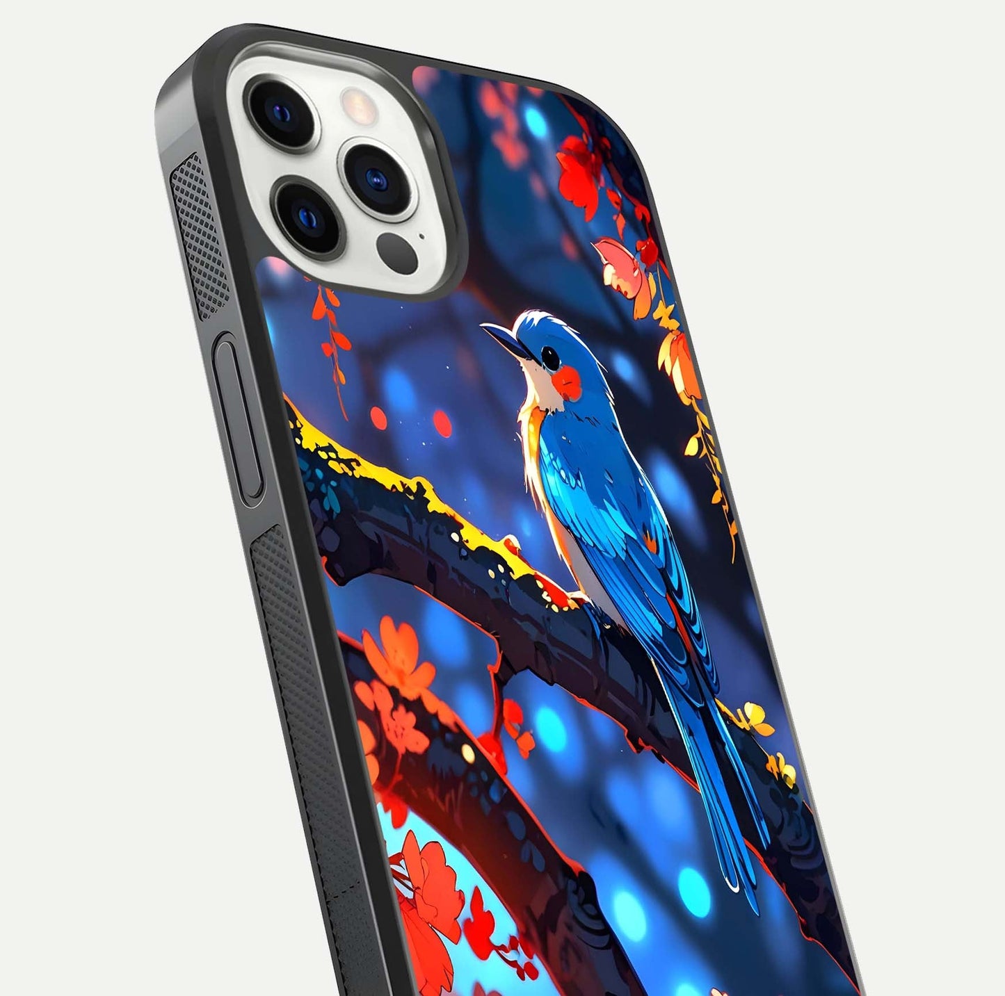 Blooming Spendor Bird Glass Case for iPhone 12 Pro close-up shot highlighting bird design details and glossy shine