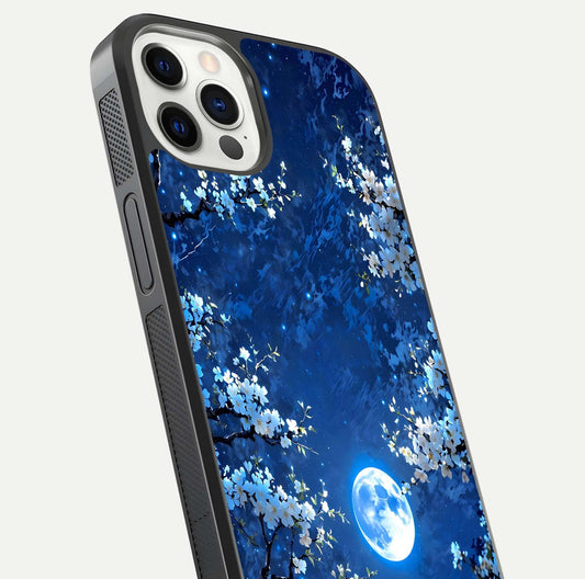 Blossom Moonlight Sky Glass Case for iPhone 12 Pro close-up angle capturing moon glow and flower detail reflections