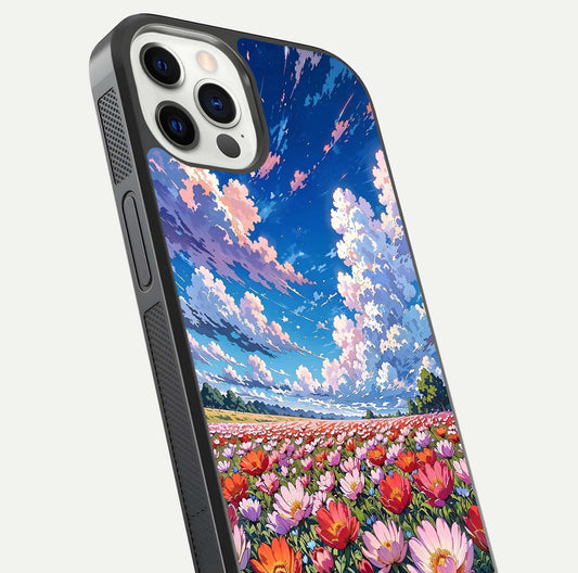 Blossom Sky Field Glass Case for iPhone 12 Pro close-up image showing petal patterns and subtle sky gradient