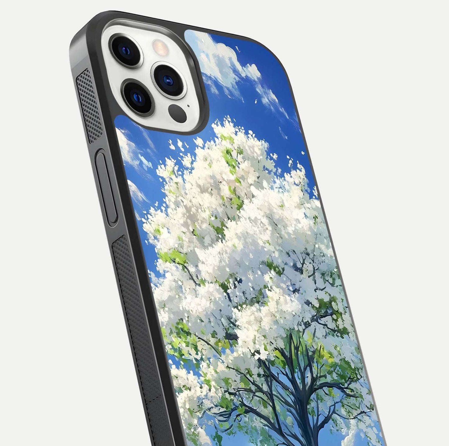 Blossom Sky Serenity Glass Case for iPhone 12 Pro close-up highlighting calming flower details and reflection gloss