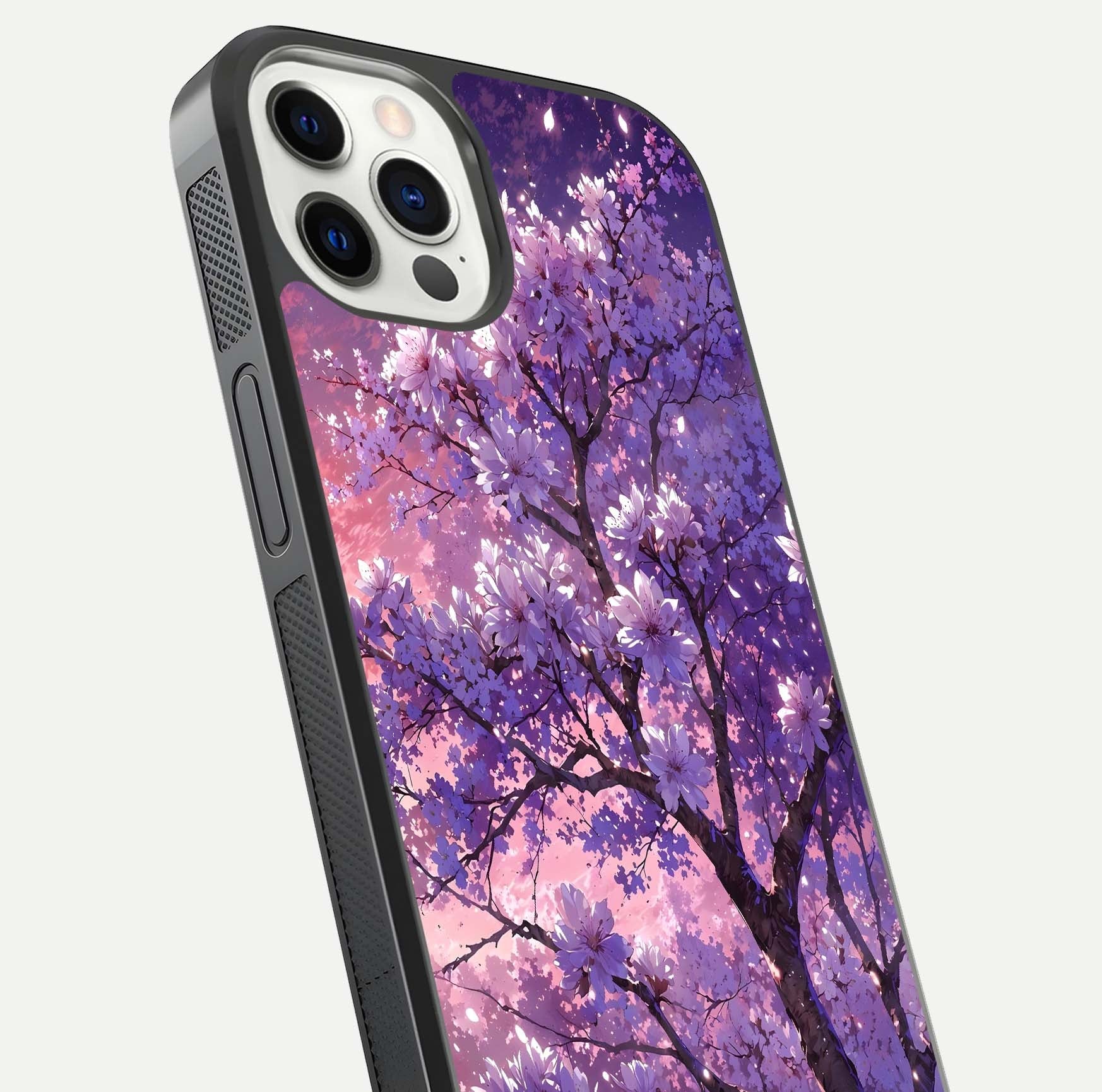 Blossom Tree Glass Case for iPhone 12 Pro close-up image highlighting tree branches, blossoms, and shine