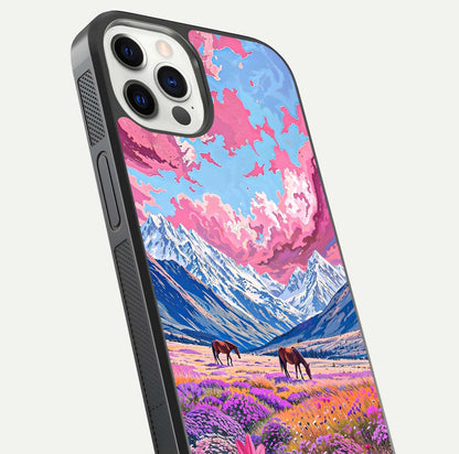 Blossom Valley Dream Glass Case for iPhone 12 Pro close-up view showing detailed flower print and pastel hues