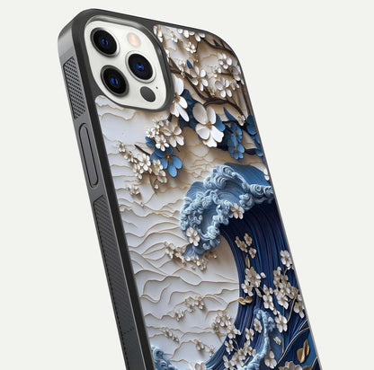 Blossom Wave Art Glass Case for iPhone 12 Pro close-up shot highlighting wave motion in floral art and reflection