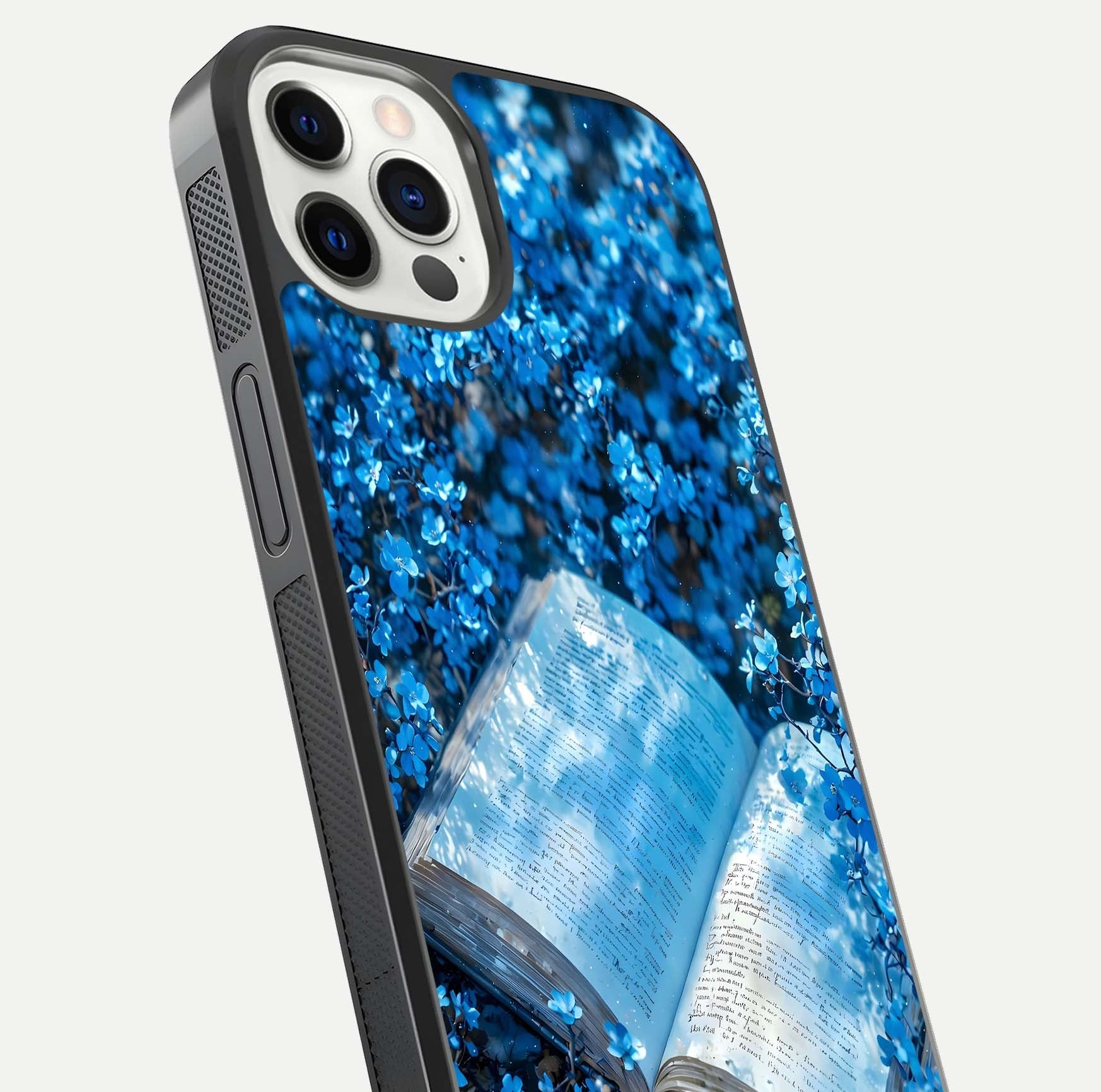 Blue Bloom Tales Glass Case for iPhone 12 Pro close-up angle showing petal texture and blue tone reflection