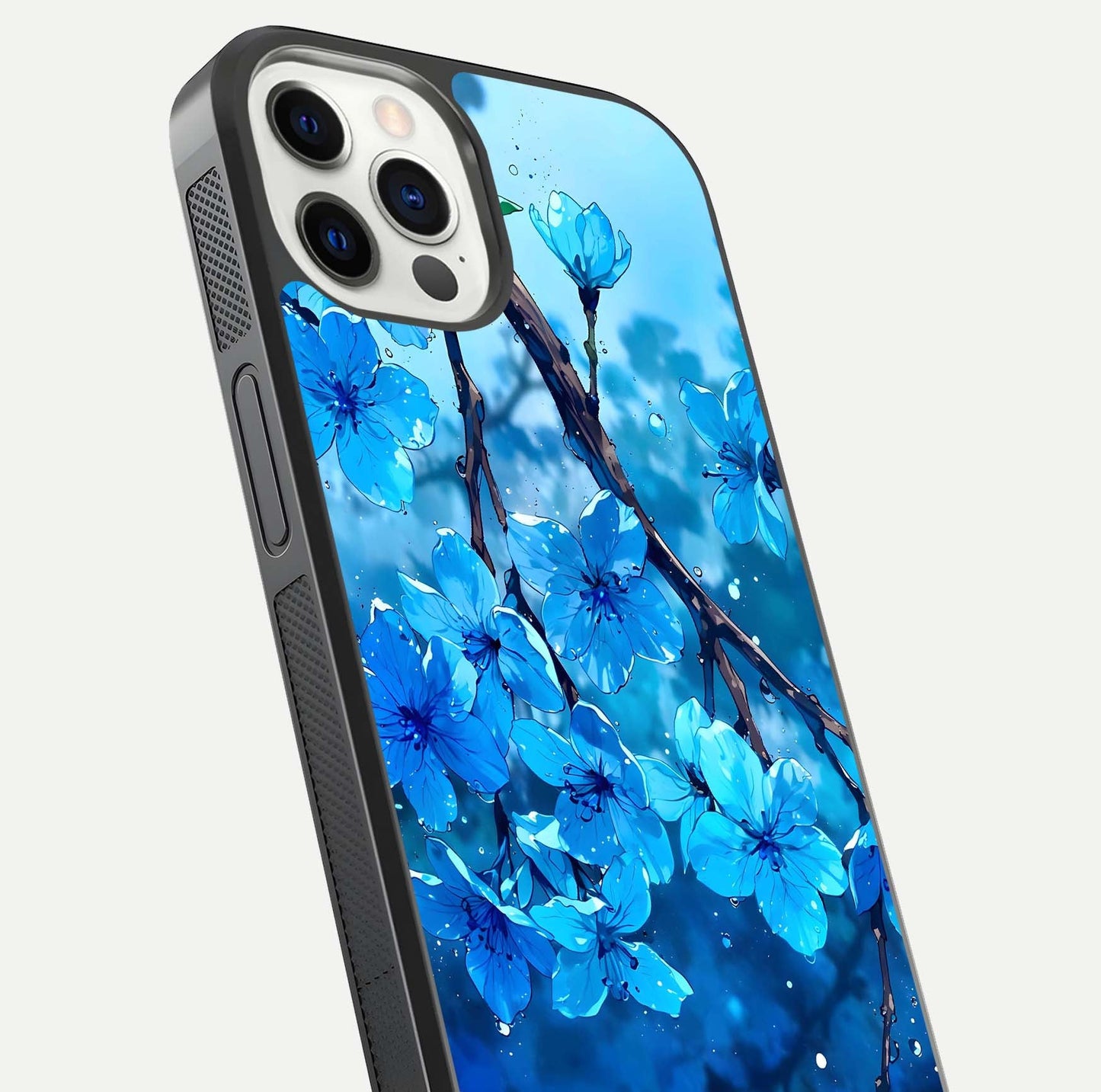 Blue Blossoms Branch Glass Case for iPhone 12 Pro close-up angle highlighting petal details and reflection gloss