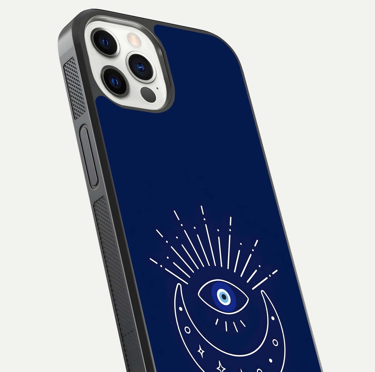 Blue Evil Eye Glass Case for iPhone 12 Pro close-up shot highlighting eye motif, protection symbol, and glass shine